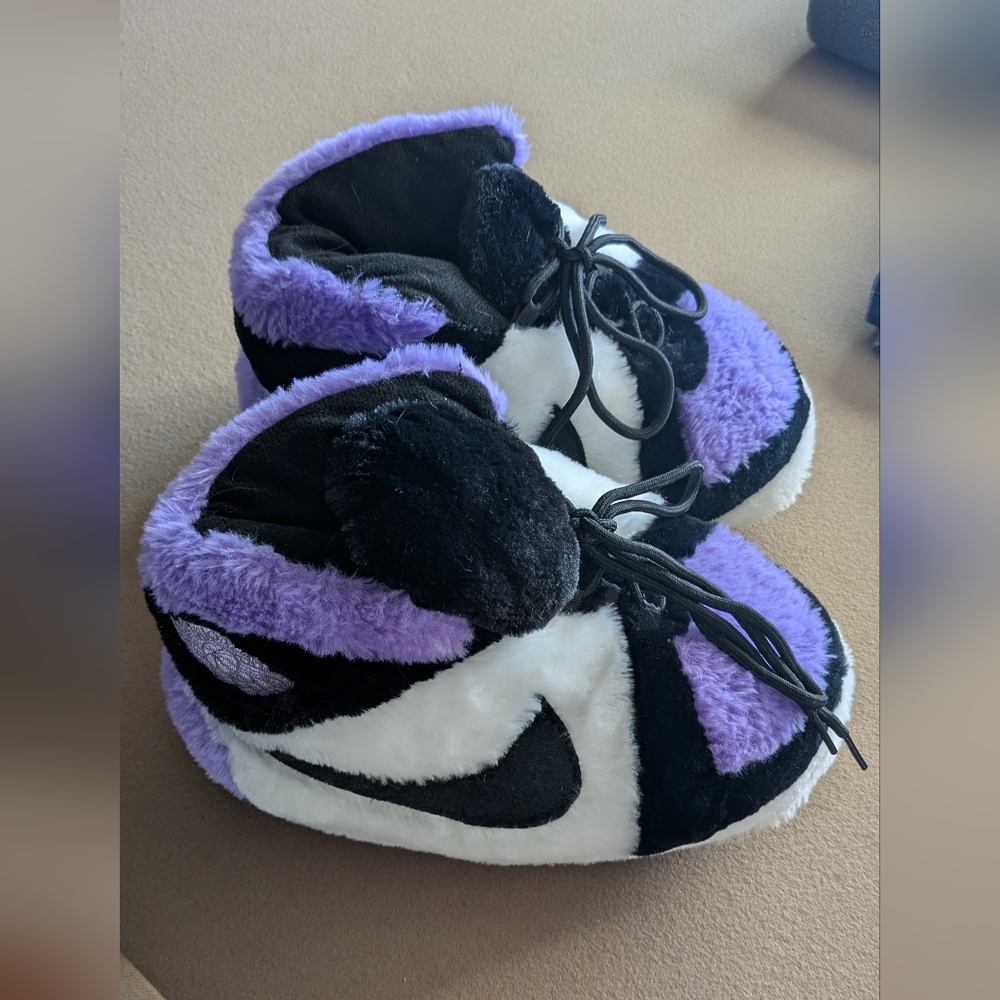 Purple and Black Plush Nike Slippers